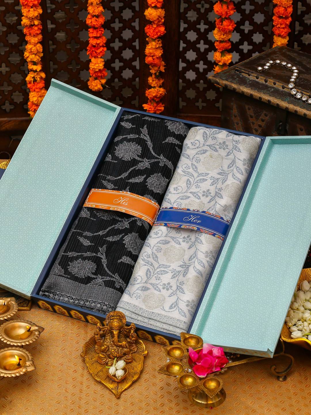 His and Her Gift Set of Acrylic Kaani Stoles With Wooden Gift Box