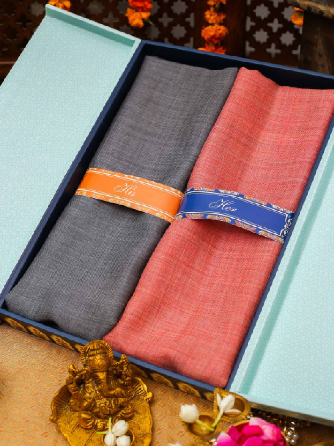 His and Her Gift Set of Pure Wool Stoles With Wooden Gift Box