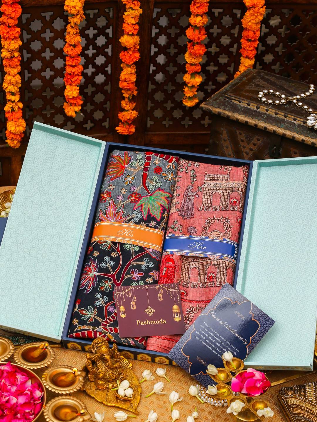 His and Her Gift Set of Pure Wool Kalamkari Shawl & Stole With Wooden Gift Box