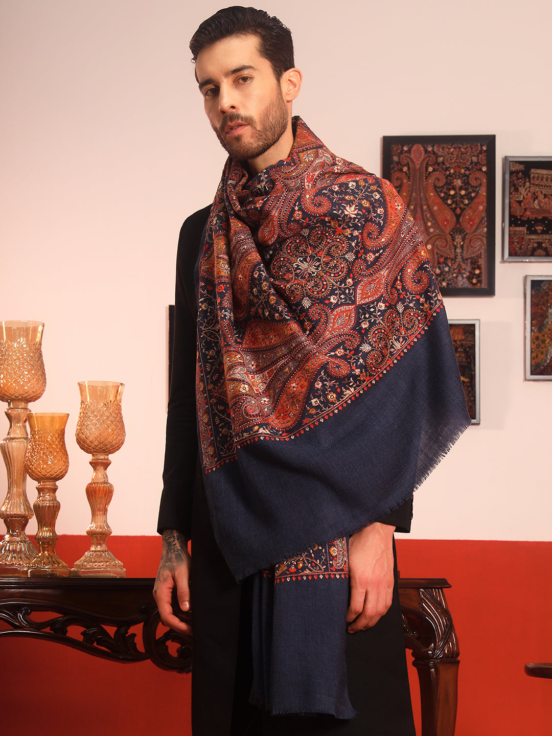 His and Her Gift Set of 100% Pure Wool Sozni Embroidered Shawl and kaani Shawl With Wooden Gift Box