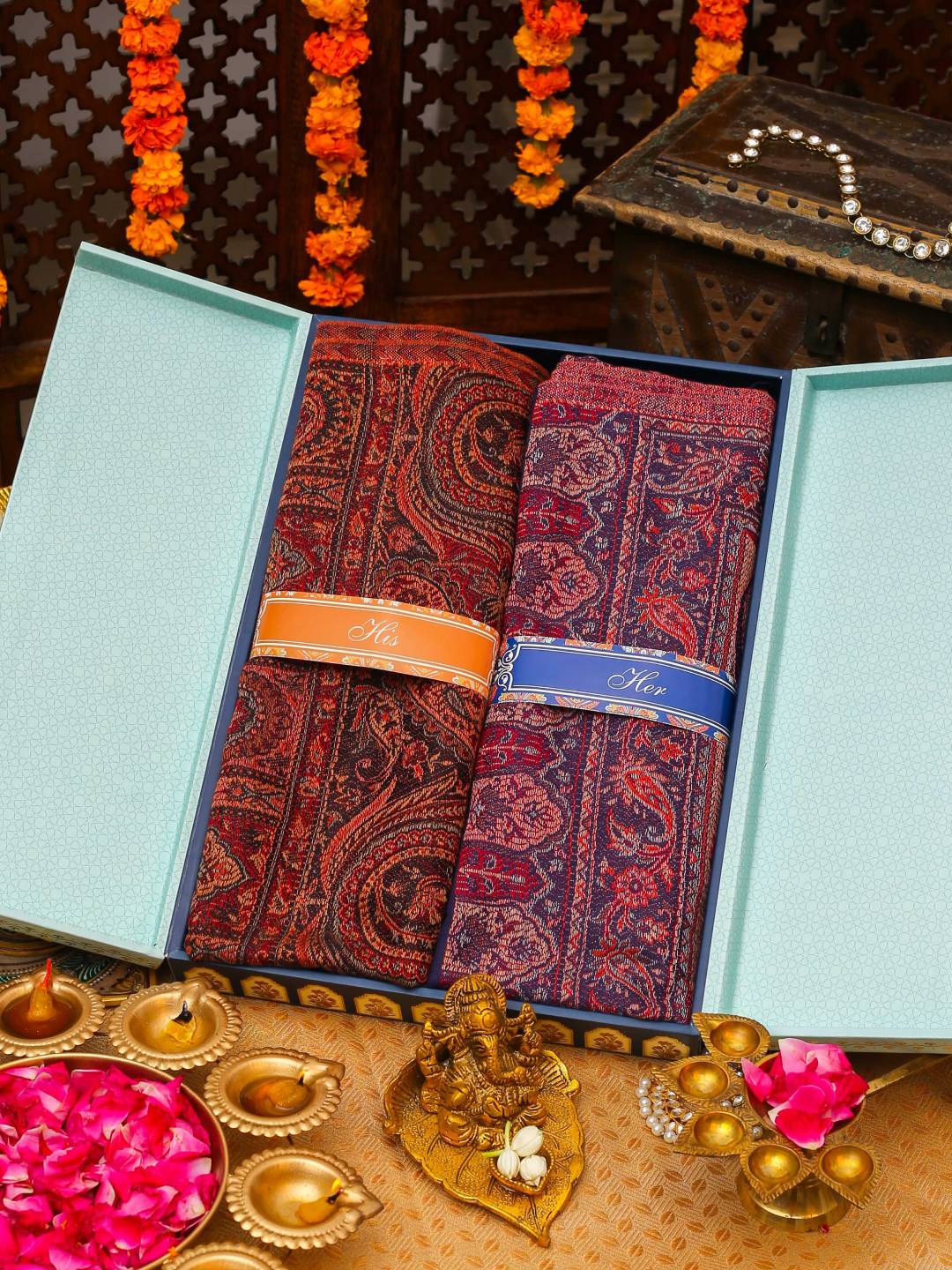 His and Her Gift Set of Jamawar Shawls With Wooden Gift Box