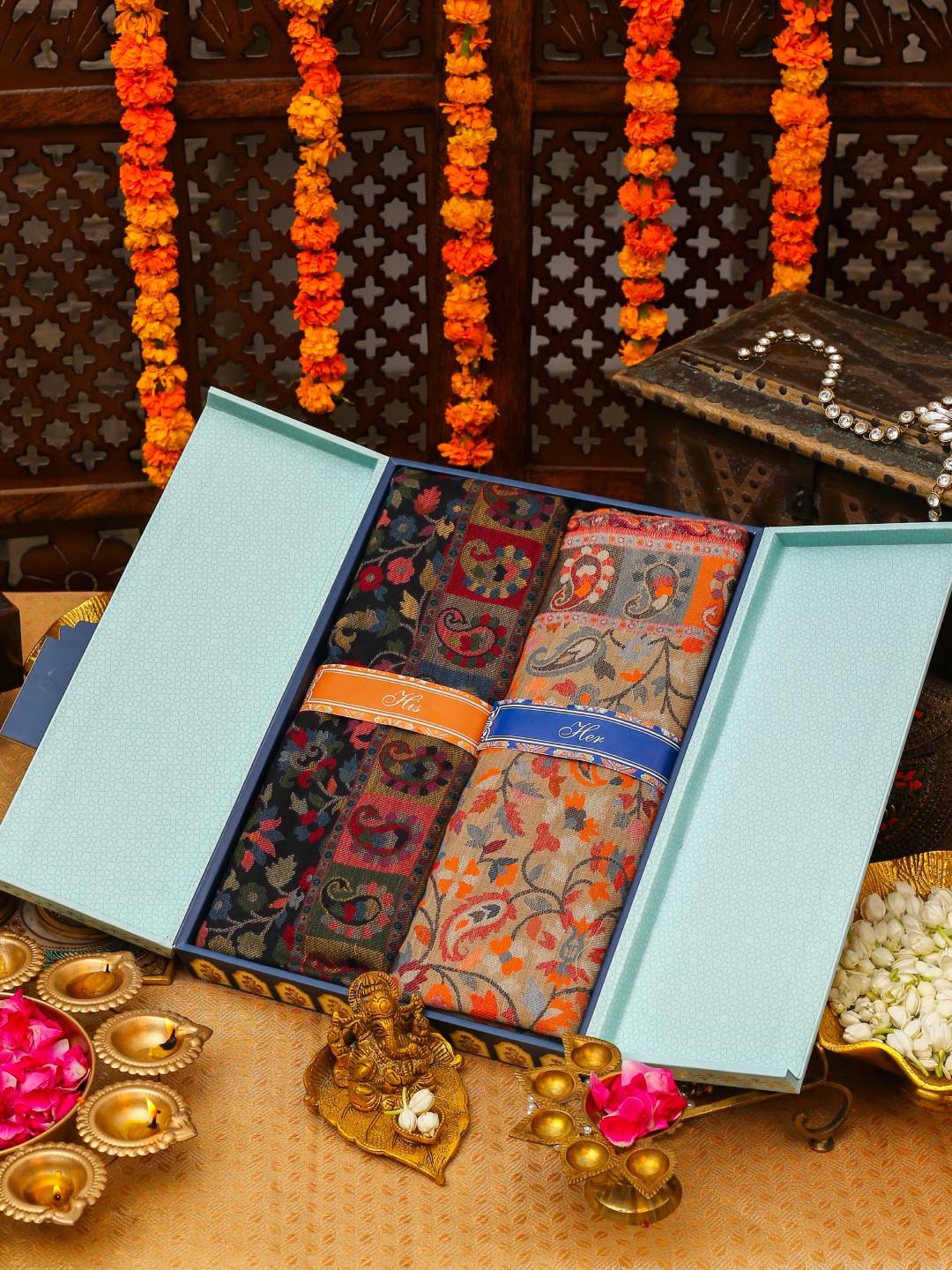 His and Her Gift Set of Kaani Shawls With Wooden Gift Box