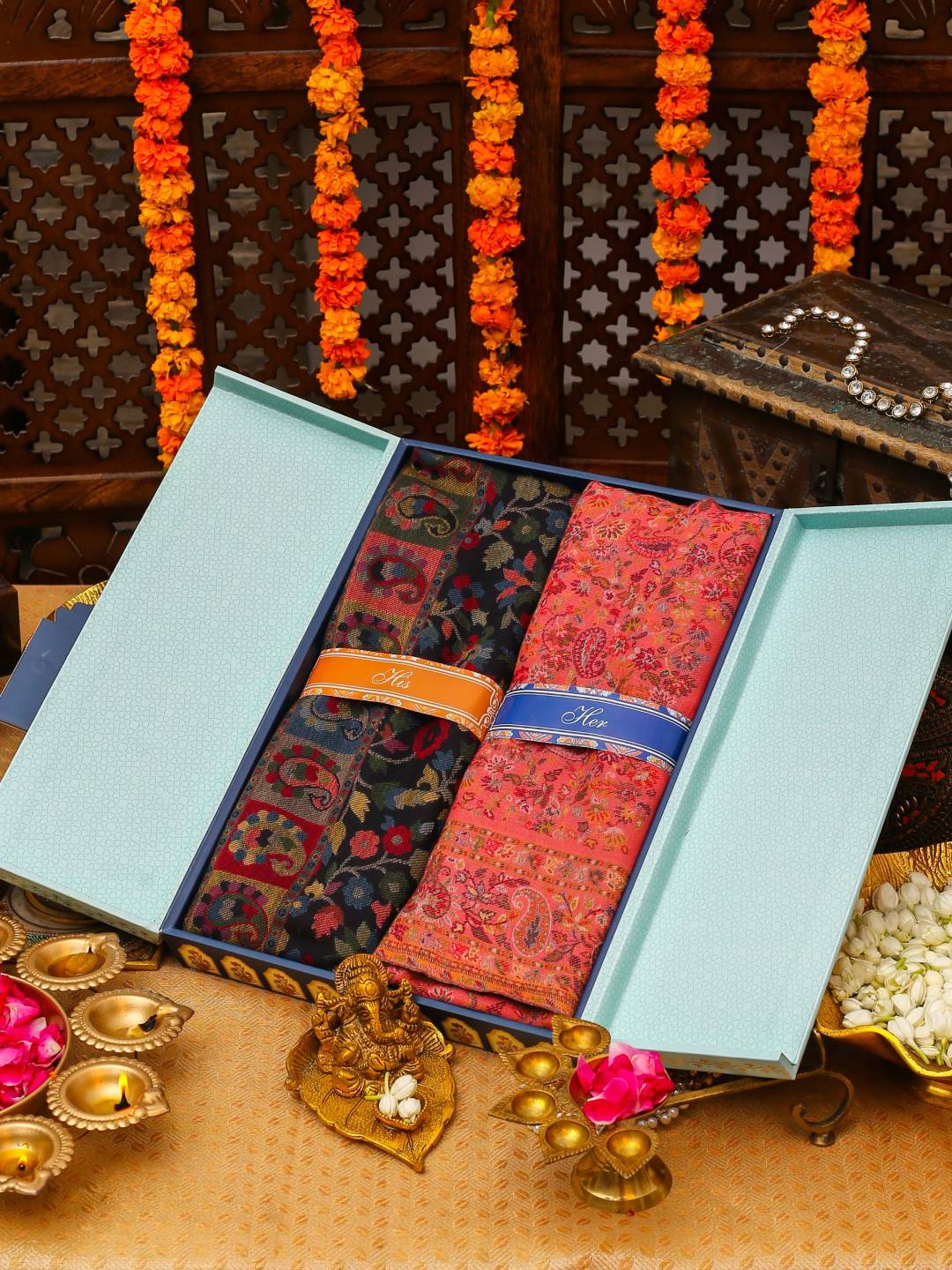 His and Her Gift Set of Kaani Shawls With Wooden Gift Box