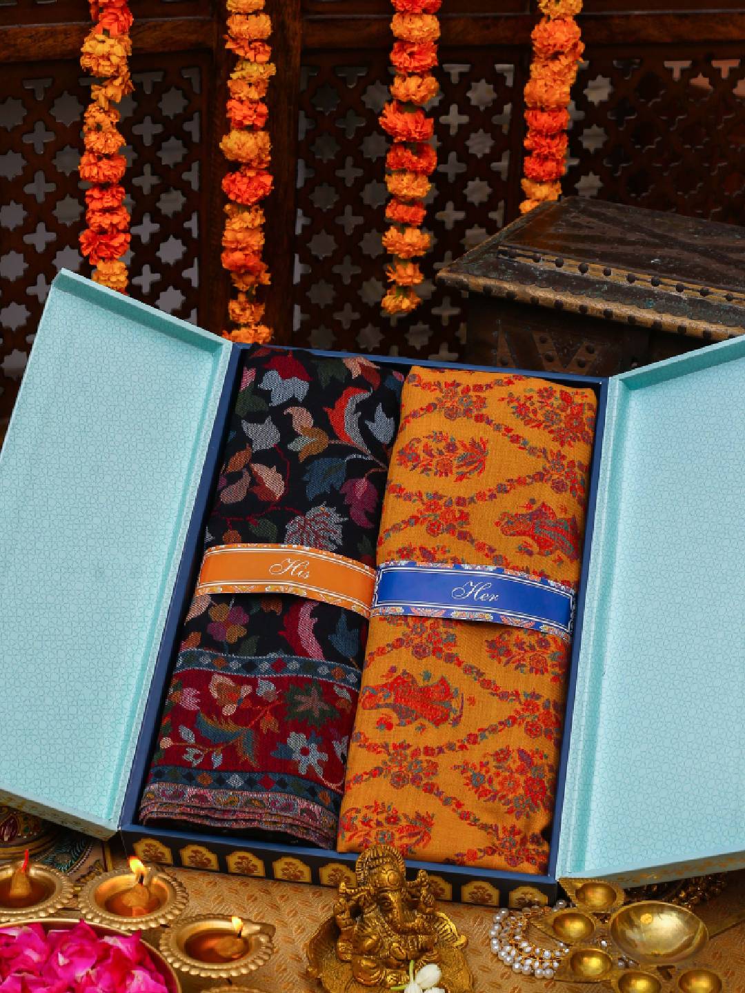 His and Her Gift Set of Kaani Shawls With Wooden Gift Box