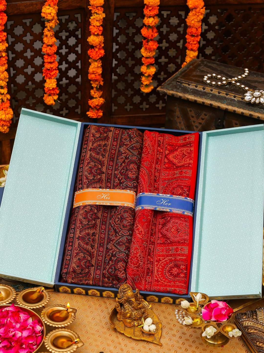 His and Her Gift Set of Jamawar Shawls With Wooden Gift Box