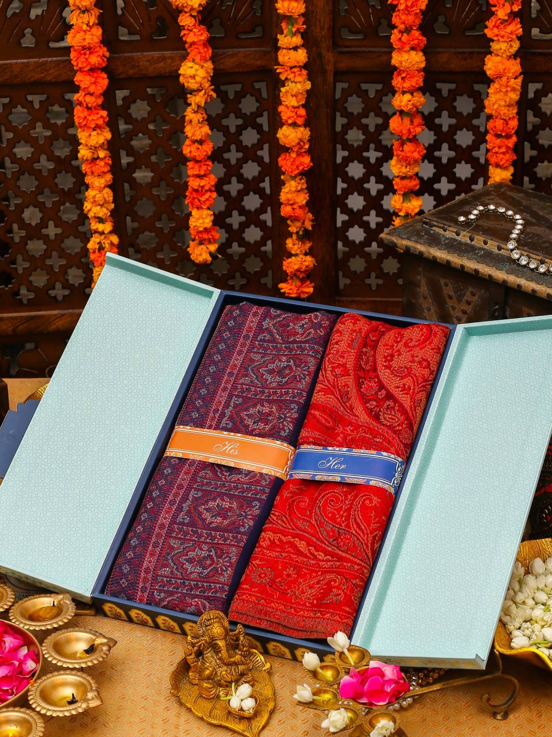 His and Her Gift Set of Jamawar Shawls With Wooden Gift Box