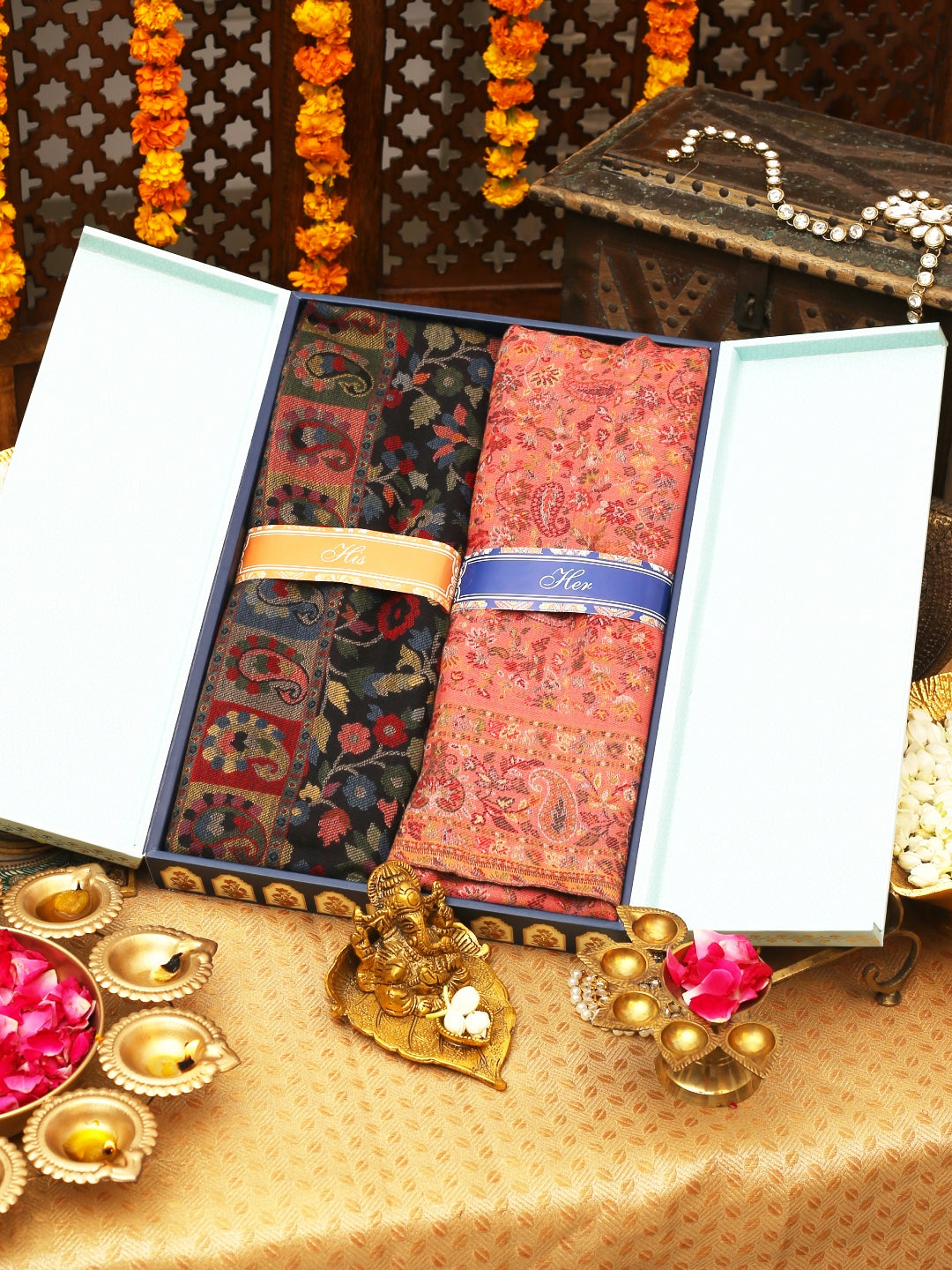 His and Her Gift Set of Kaani Shawls With Wooden Gift Box