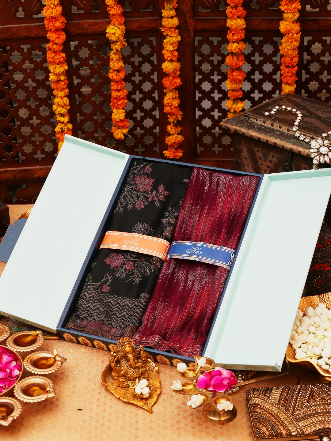 His and Her Gift Set of Acrylic Kaani Stoles With Wooden Gift Box