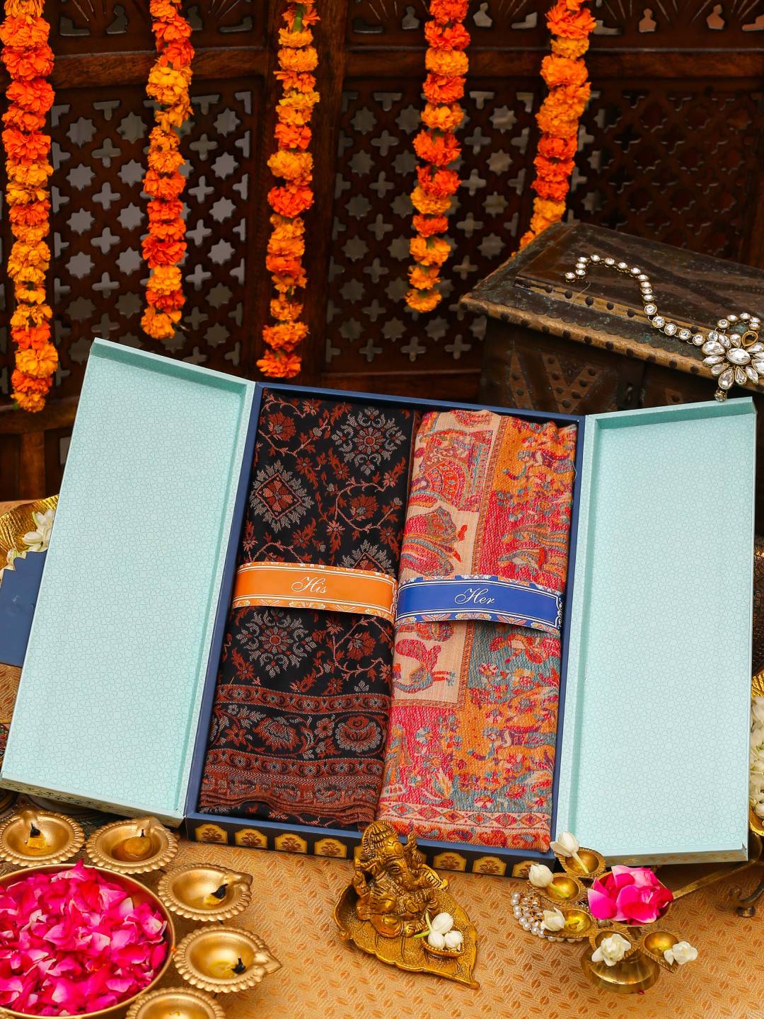 His and Her Gift Set of Kaani Shawls With Wooden Gift Box