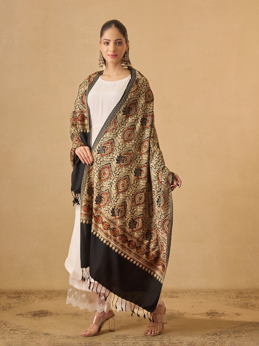 Pashmoda Women Ornate Harmony Fine Wool Nalki Embroidered Stole (Size : 71X203 CM)