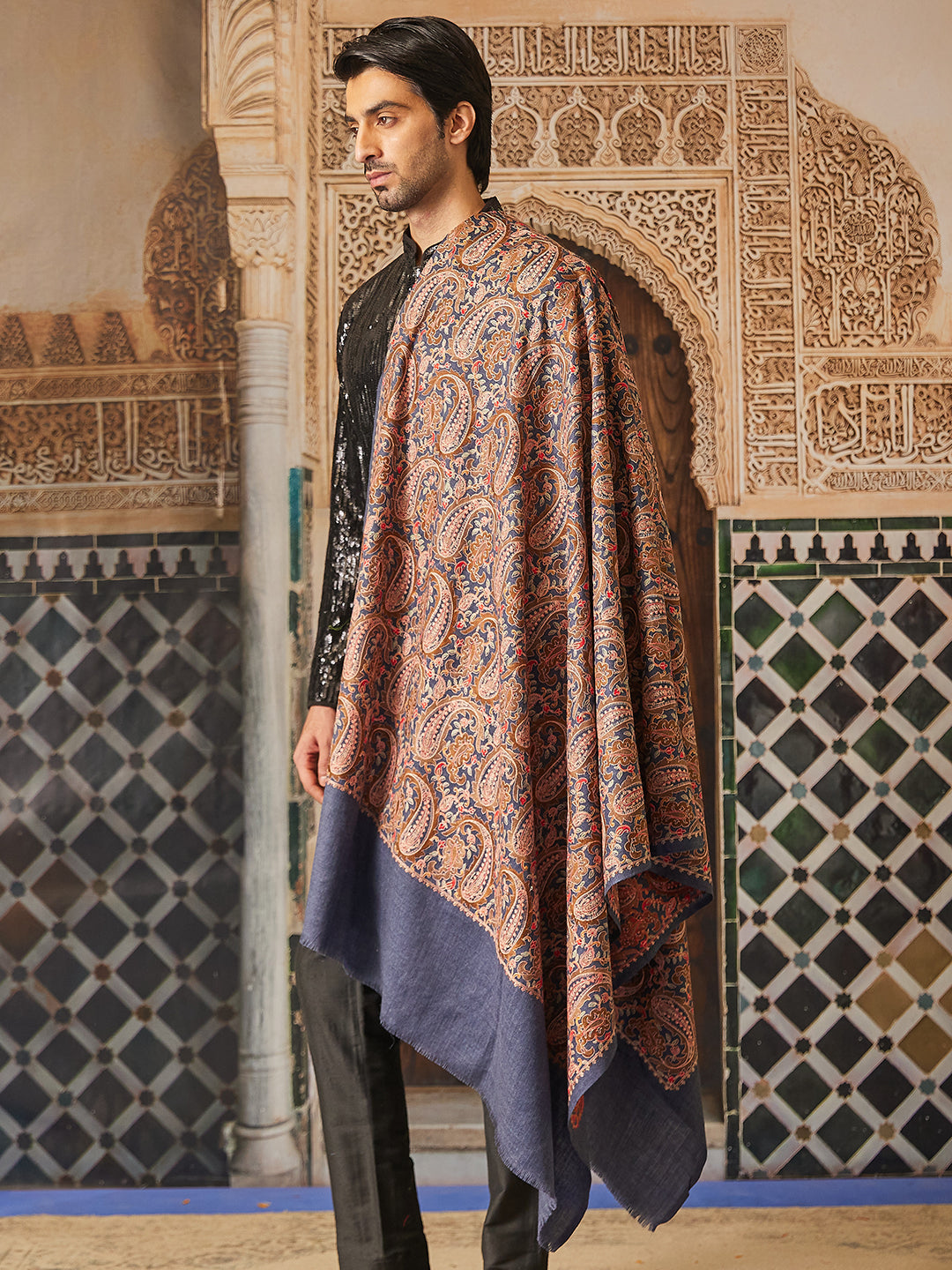 Pashmoda Men 100% Pure Wool Fabric Sozni Embroidered Shawl (Size: 101x203 Cm)