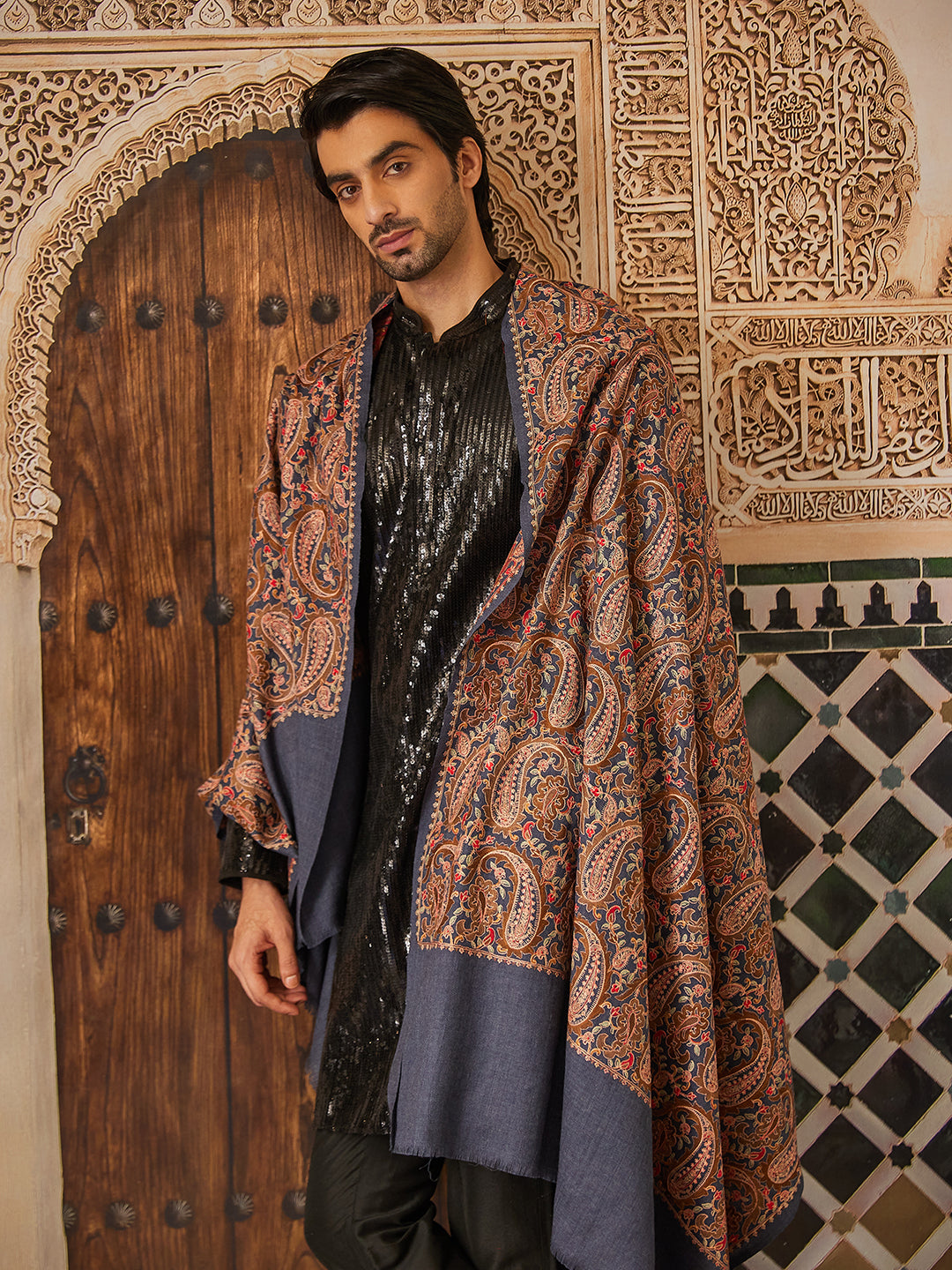 Pashmoda Men 100% Pure Wool Fabric Sozni Embroidered Shawl (Size: 101x203 Cm)