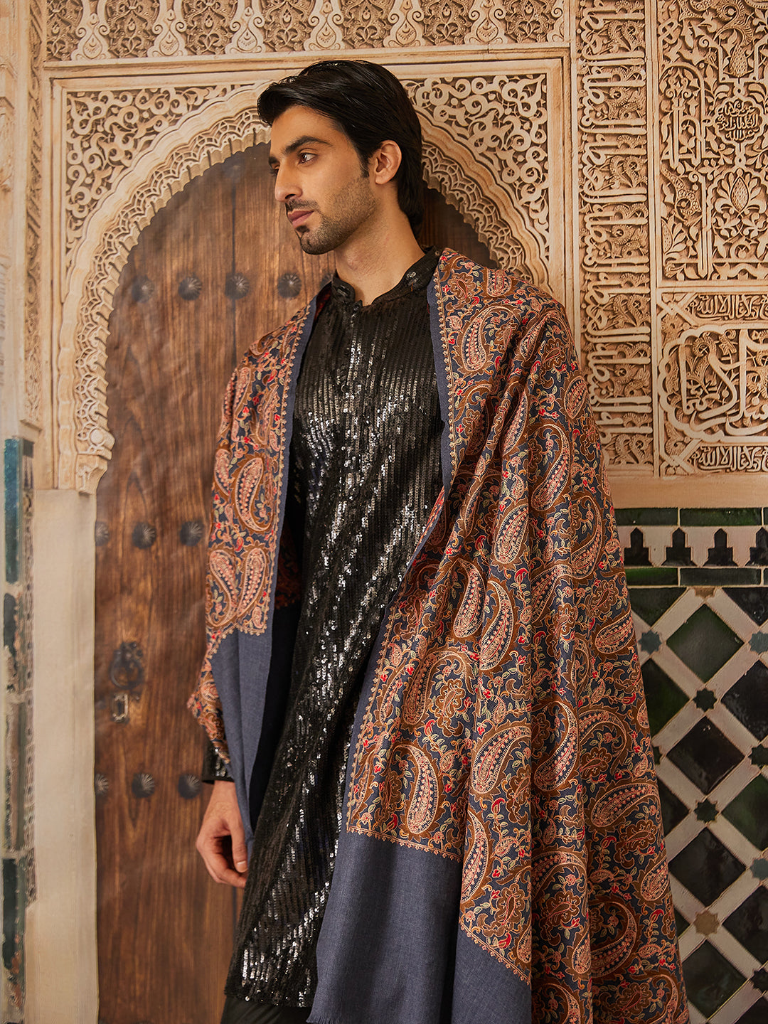 Pashmoda Men 100% Pure Wool Fabric Sozni Embroidered Shawl (Size: 101x203 Cm)