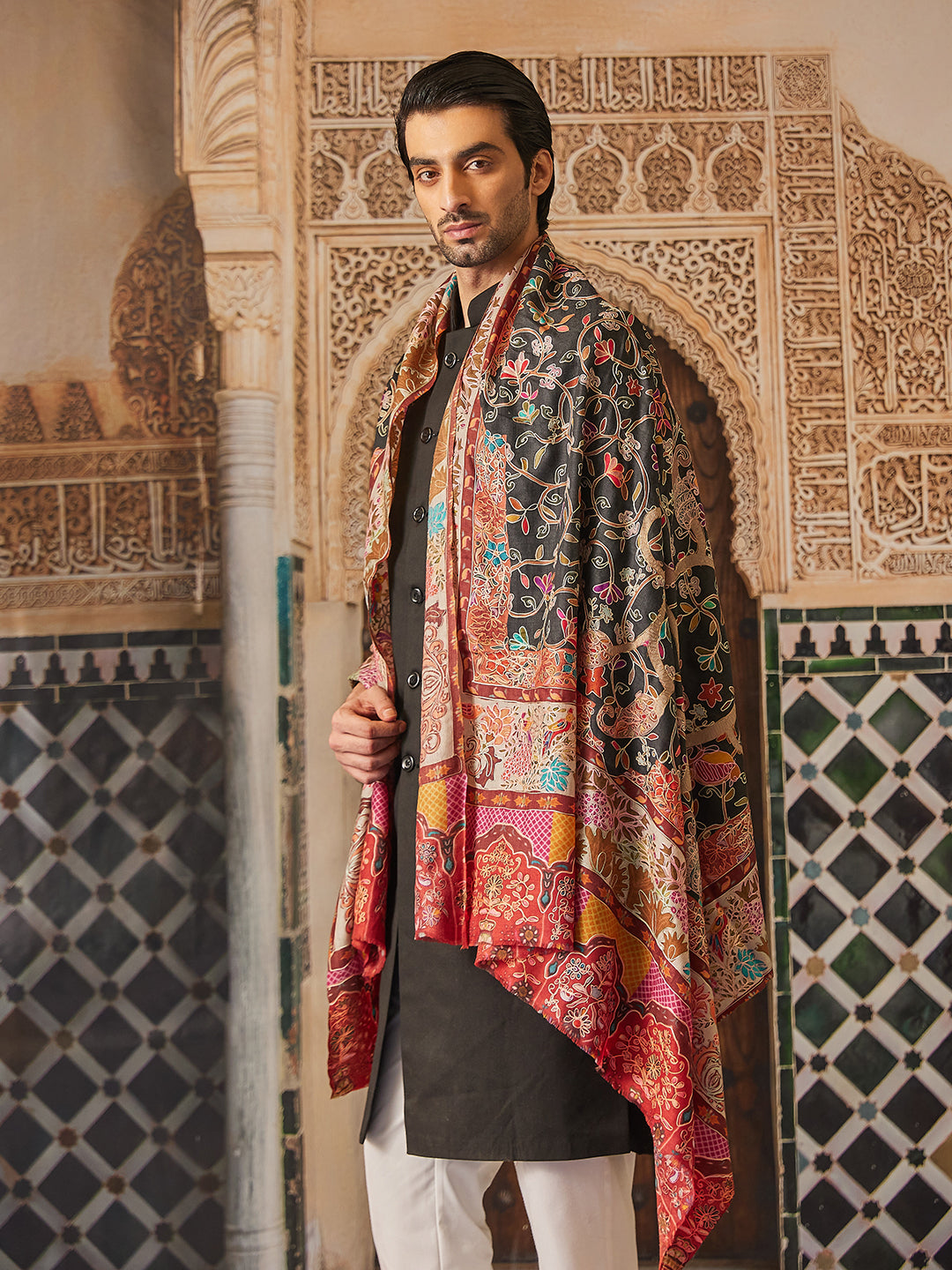 Pashmoda Men Fine Wool Kalamkari Embroidered Shawl (Size 101x203 Cm)