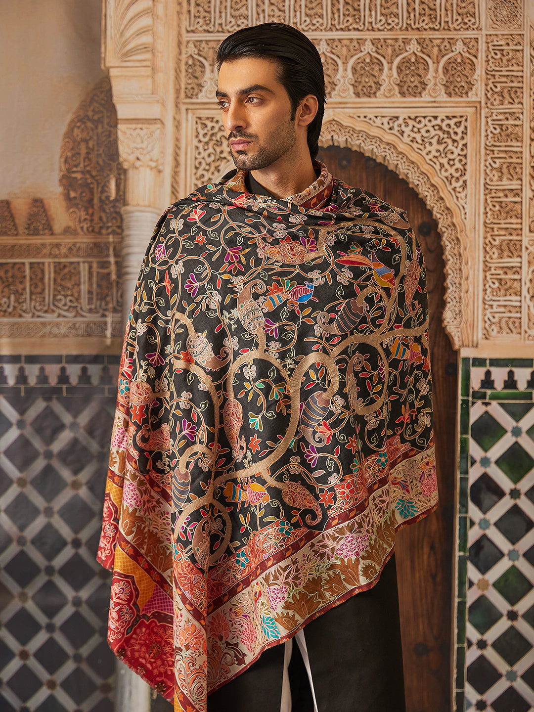 Pashmoda Men Fine Wool Kalamkari Embroidered Shawl (Size 101x203 Cm)