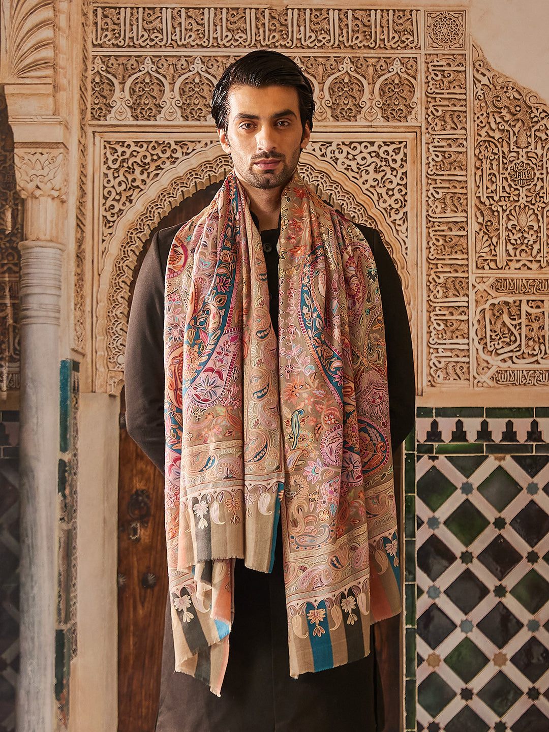 Pashmoda Men Fine Wool Kalamkari Embroidered Shawl (Size 101x203 Cm)