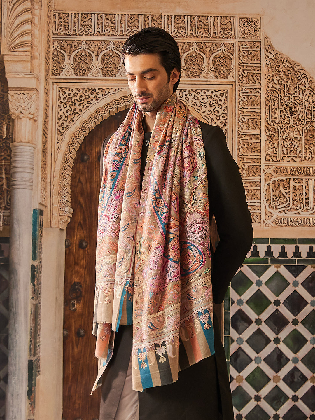 Pashmoda Men Fine Wool Kalamkari Embroidered Shawl (Size 101x203 Cm)