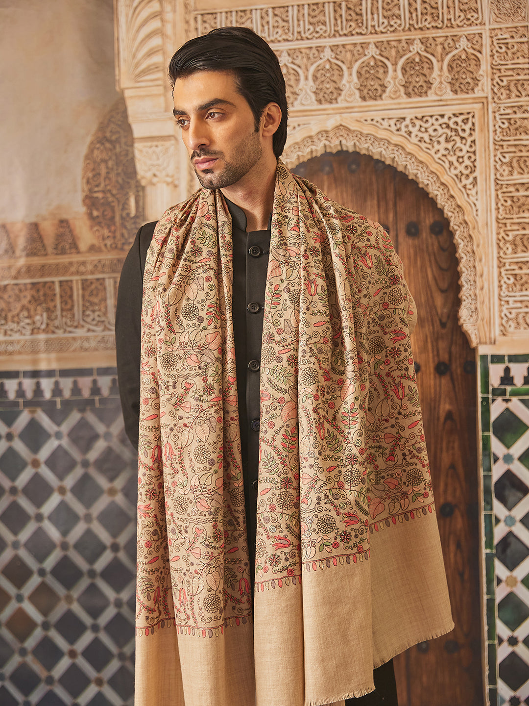 Pashmoda Men 100% Pure Wool Fabric Sozni Embroidered Shawl (Size: 101x203 Cm)