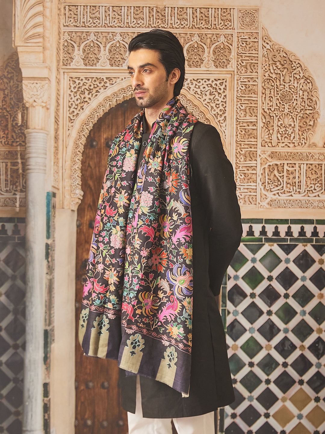 Pashmoda Men Fine Wool Kalamkari Embroidered Shawl (Size 101x203 Cm)