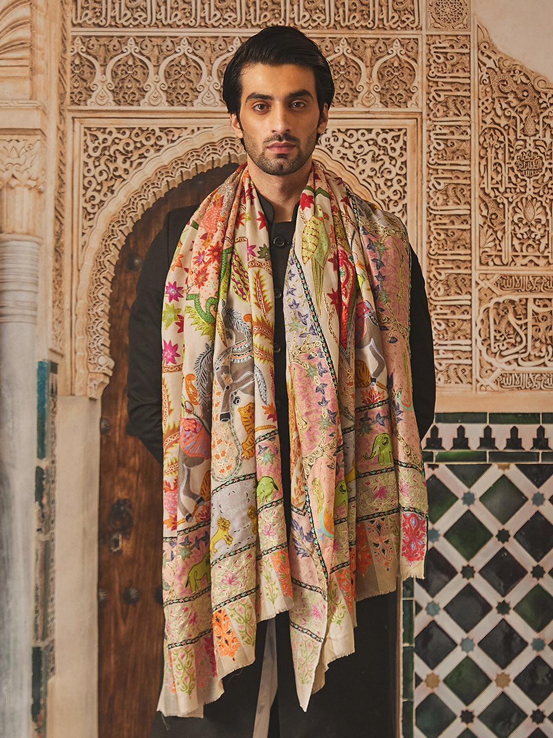 Pashmoda Men Fine Wool Kalamkari Embroidered Shawl (Size 101x203 Cm)