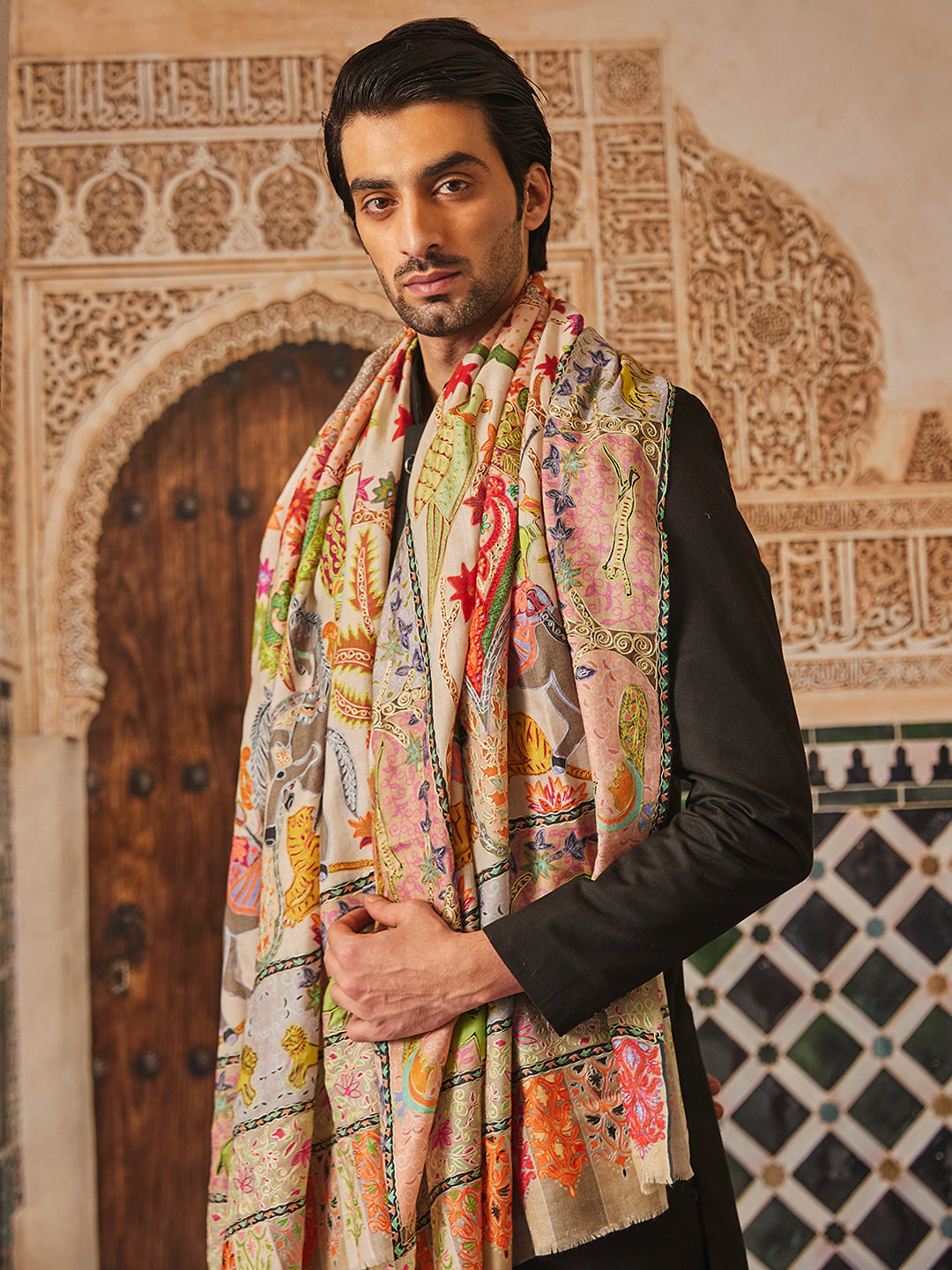 Pashmoda Men Fine Wool Kalamkari Embroidered Shawl (Size  101x203 Cm)