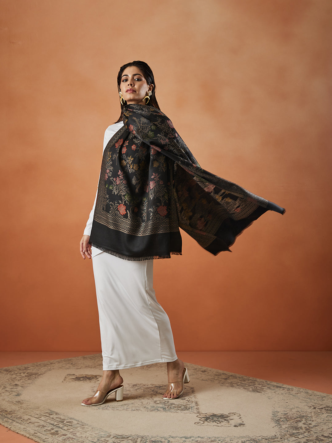 Women Shalimar Kaani Wool Blend Stole (Size : 71X203 CM)