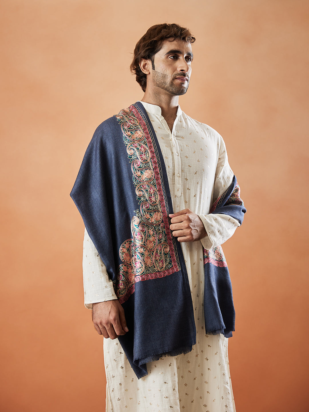 Men 100% Pure Wool Fabric Nalki Embroidered Stole (Size: 71x203 Cm)