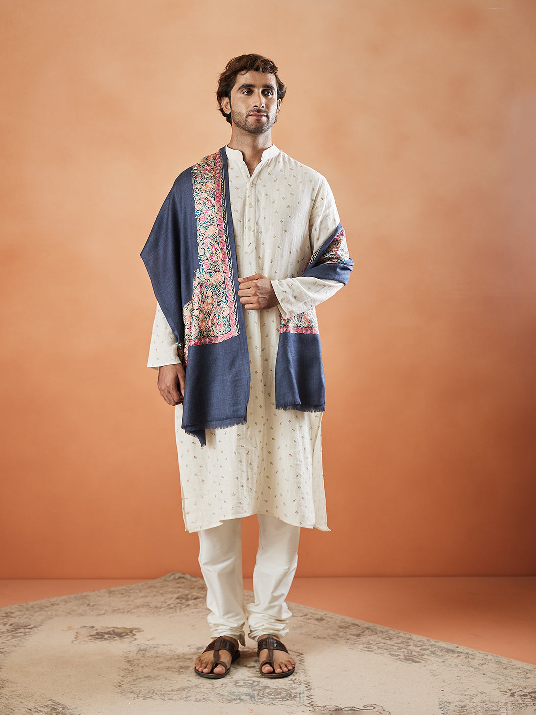 Men 100% Pure Wool Fabric Nalki Embroidered Stole (Size: 71x203 Cm)