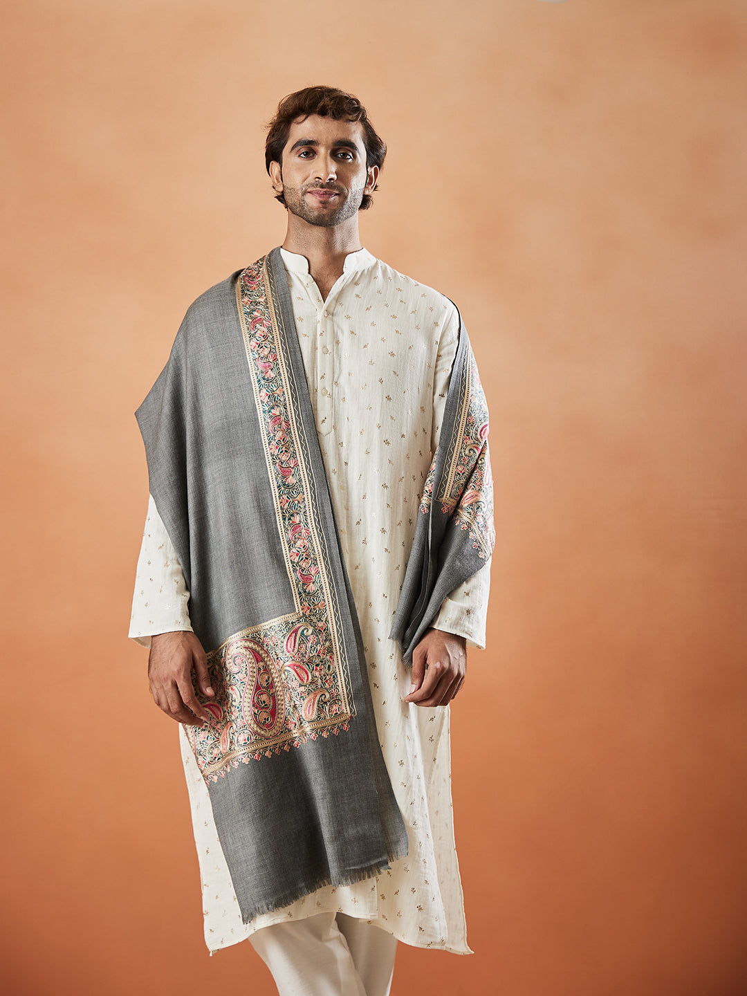 Men 100% Pure Wool Fabric Nalki Embroidered Stole (Size: 71x203 Cm)