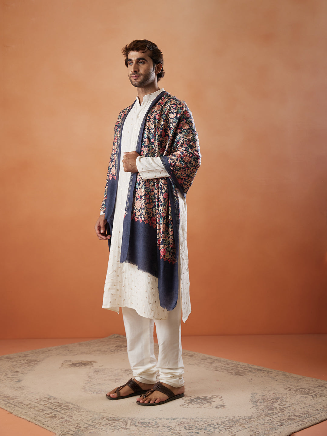 Men 100% Pure Wool Fabric Nalki Embroidered Stole (Size: 71x203 Cm)