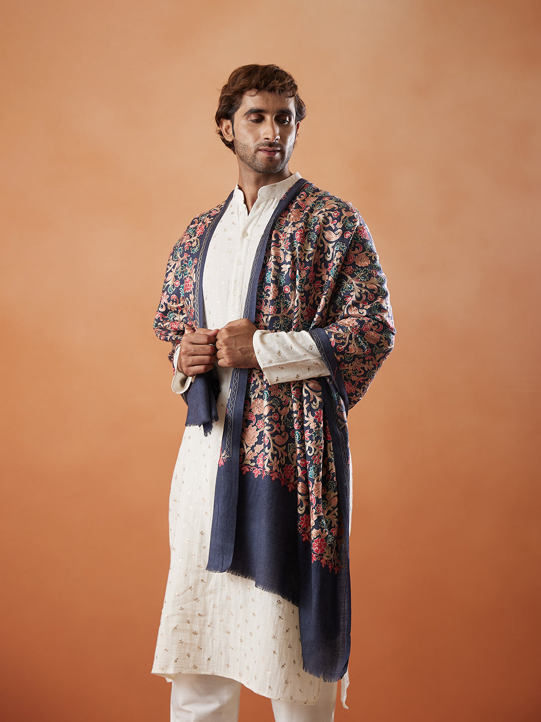 Men 100% Pure Wool Fabric Nalki Embroidered Stole (Size: 71x203 Cm)