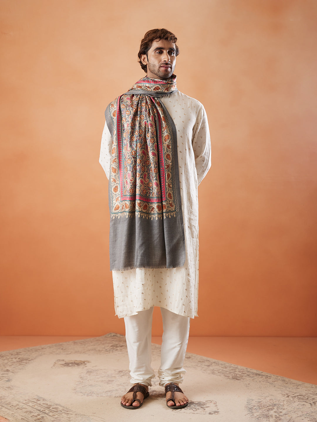 Men 100% Pure Wool Fabric Nalki Embroidered Stole (Size: 71x203 Cm)