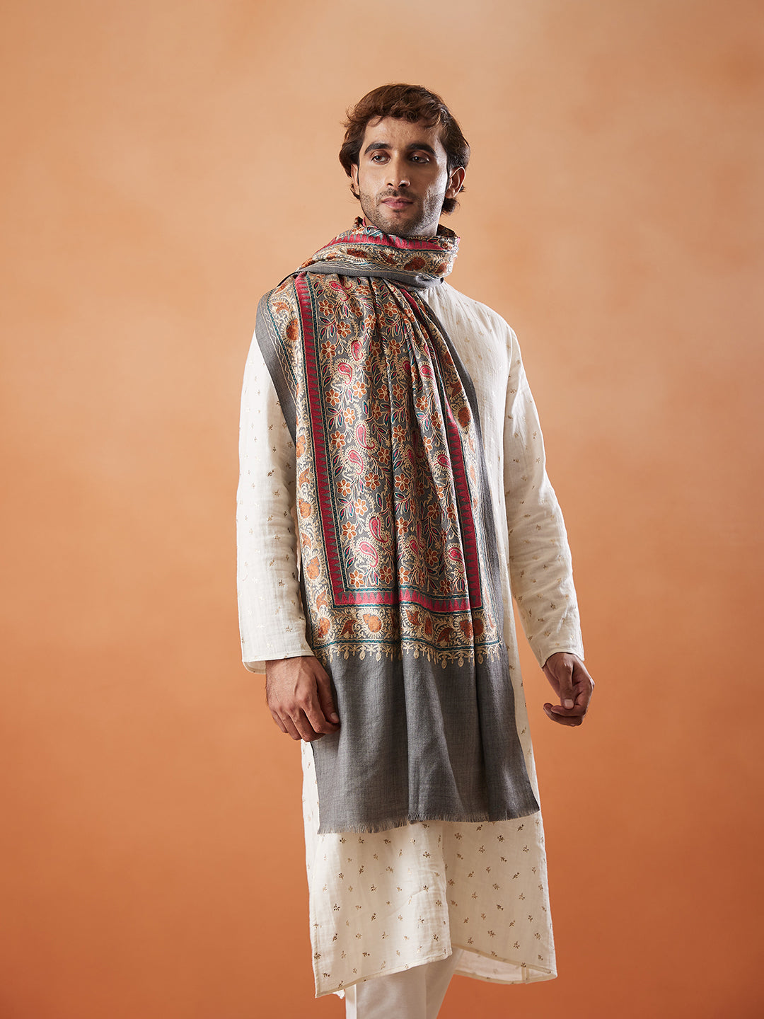 Men 100% Pure Wool Fabric Nalki Embroidered Stole (Size: 71x203 Cm)