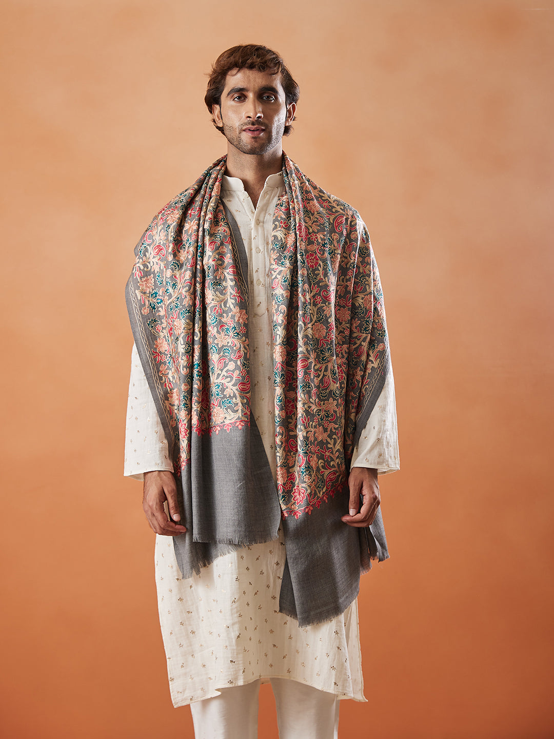 Men 100% Pure Wool Fabric Nalki Embroidered Stole (Size: 71x203 Cm)