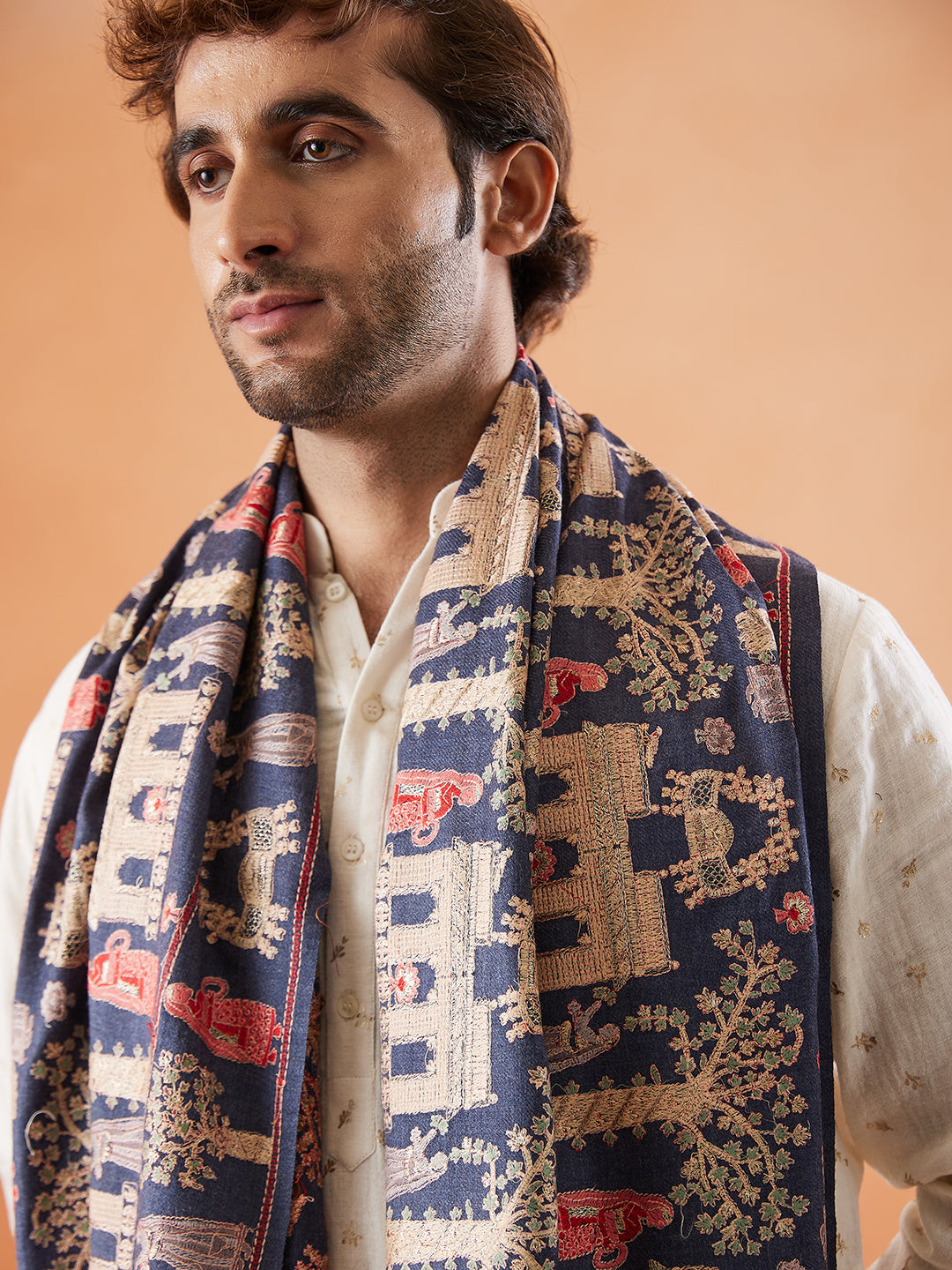 Men 100% Pure Wool Fabric Sozni Embroidered Stole (Size: 71x203 Cm)