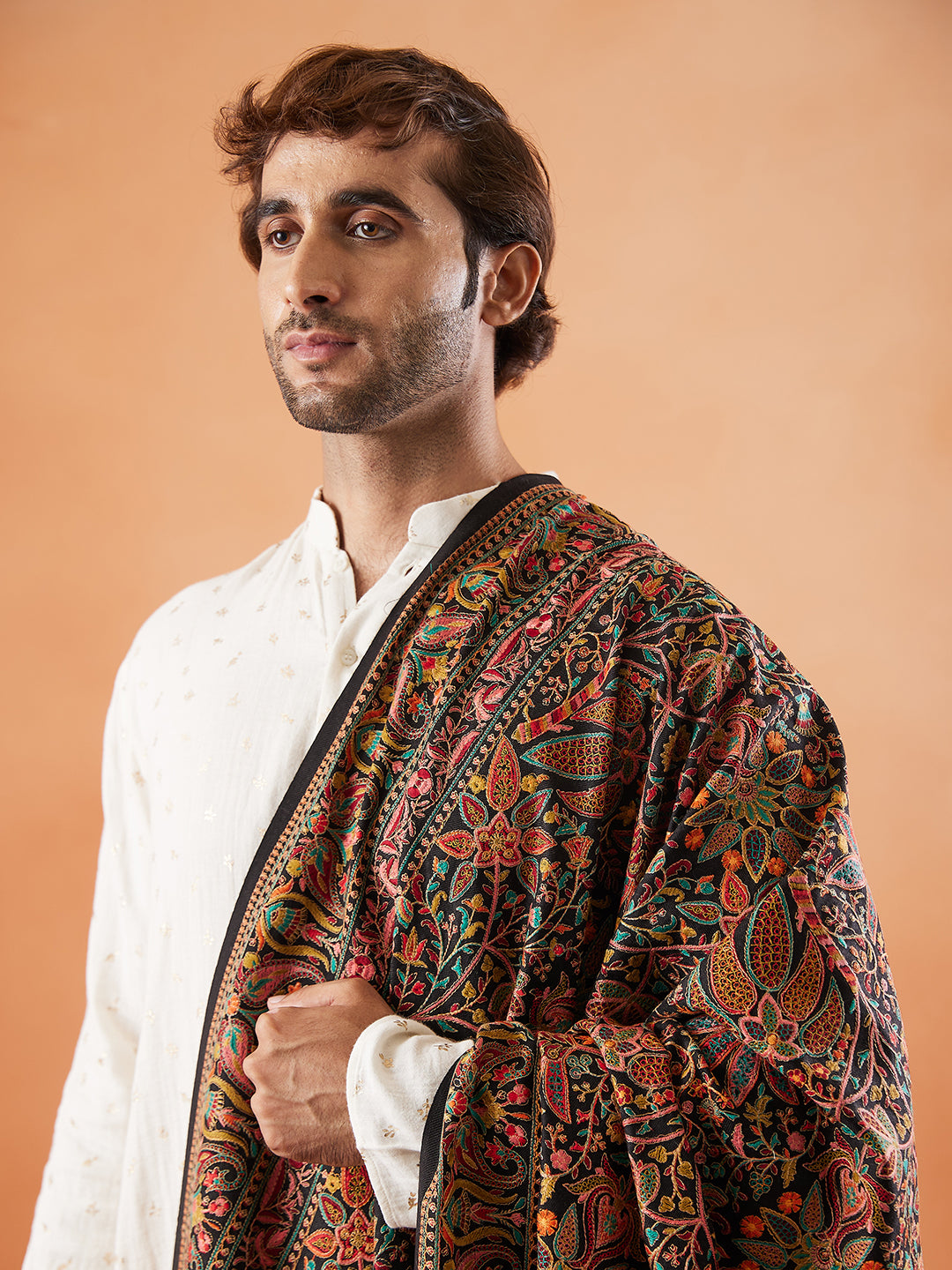 Men 100% Pure Wool Fabric Sozni Embroidered Shawl (Size: 101x203 Cm)