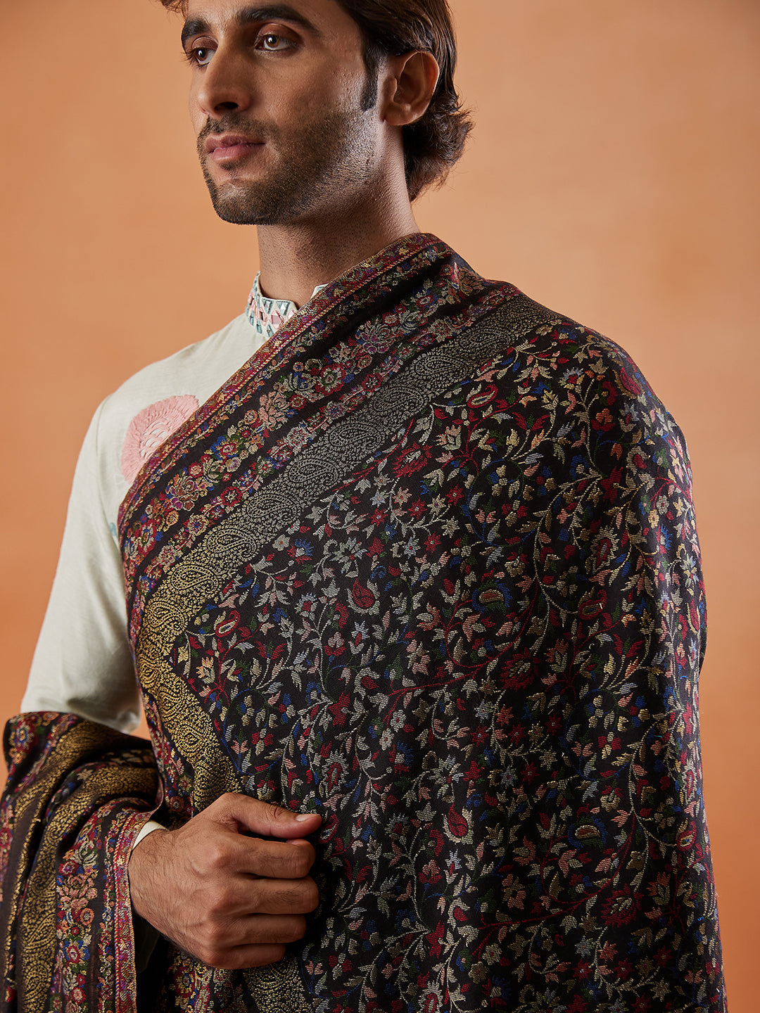 Men khushnuma Kaani Stole with Zari Weave,  Size 72X208 CM, Black Color