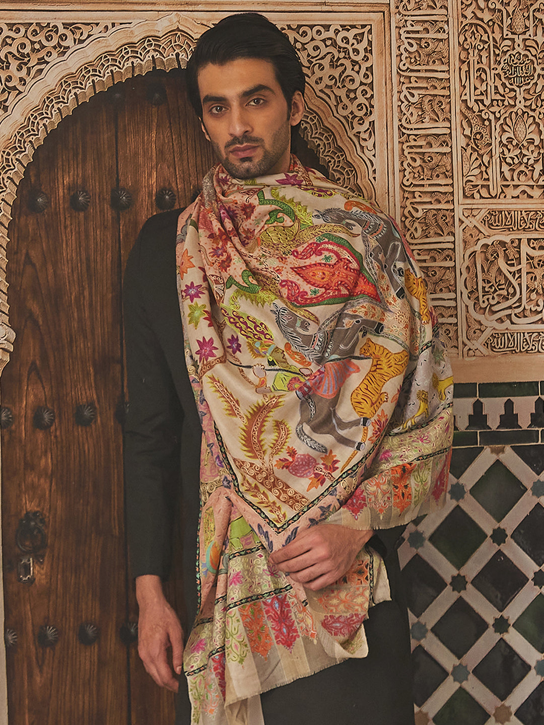 Pashmoda Men Fine Wool Kalamkari Embroidered Shawl (Size 101x203 Cm)