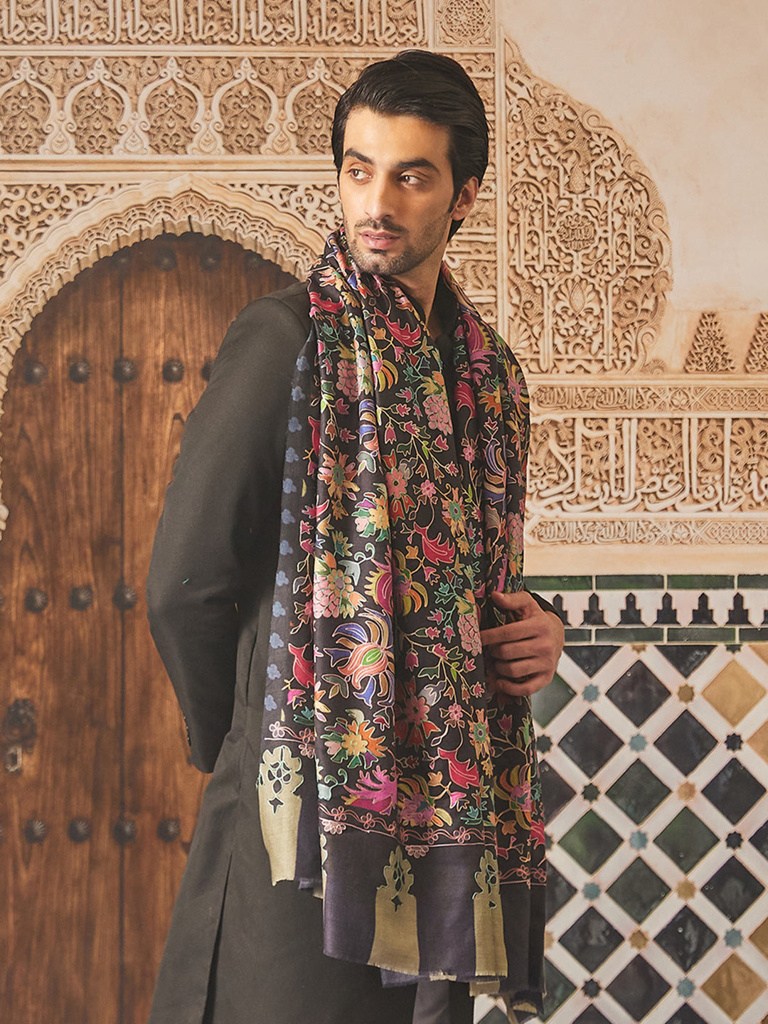 Pashmoda Men Fine Wool Kalamkari Embroidered Shawl (Size 101x203 Cm)