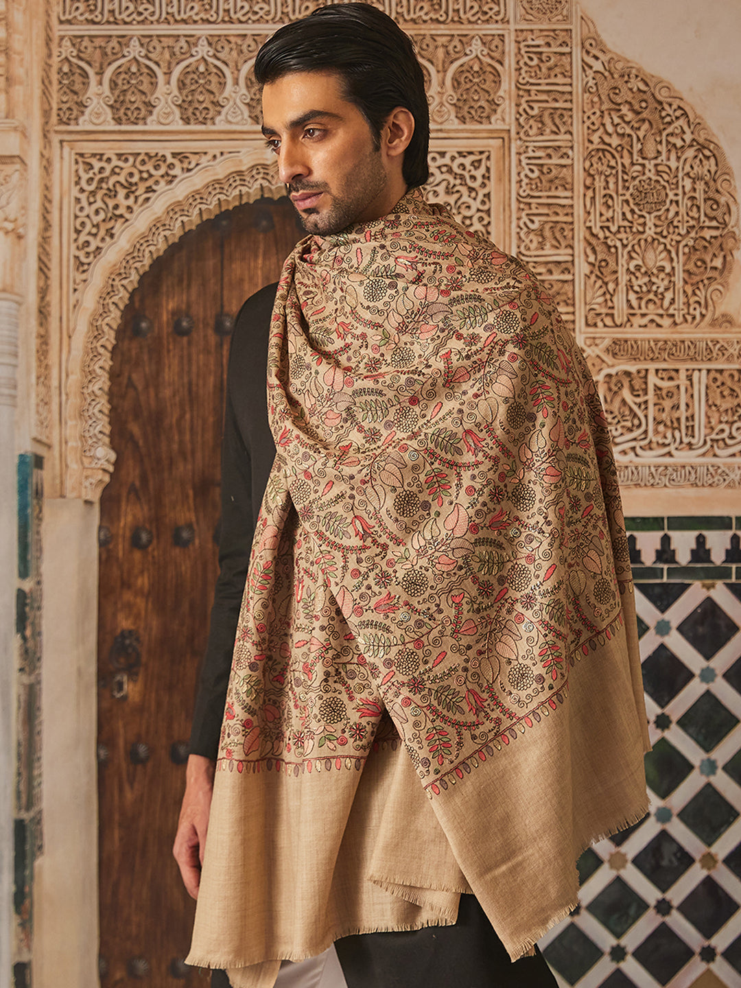 Pashmoda Men 100% Pure Wool Fabric Sozni Embroidered Shawl (Size: 101x203 Cm)