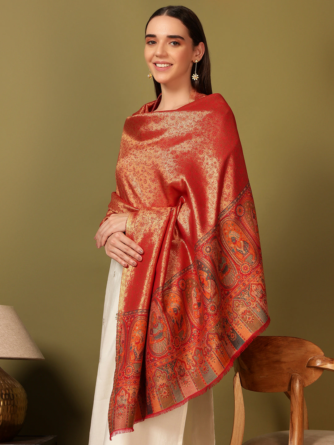 His and Her Gift Set of 100% Pure Wool Check Stole and Zari Kaani Shawl With Wooden Gift Box