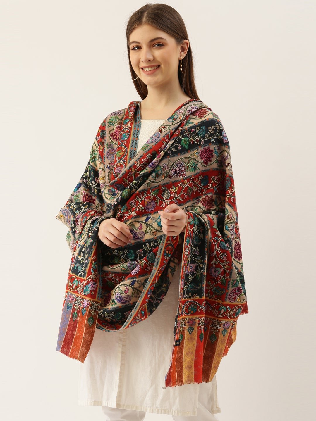 Women Multi Light Pure Wool Kalamkari Shawl, Woolmark Certified (40X80 Inches)