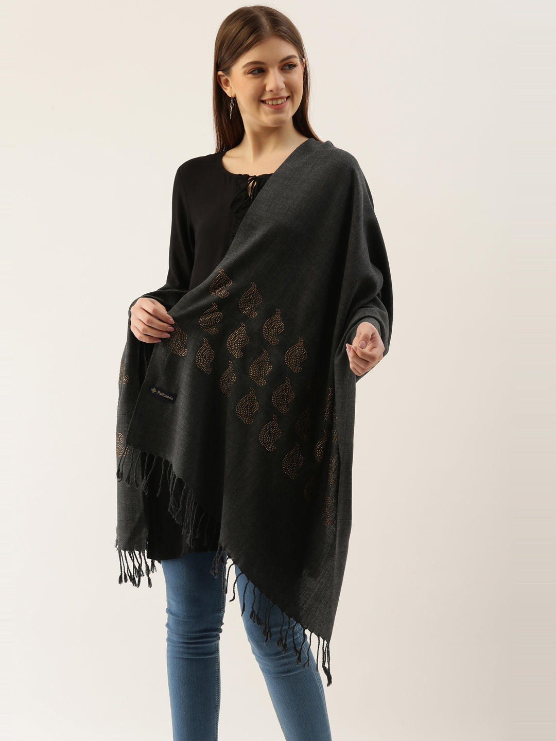 Women’s Grey Crystal Embellished Solid Stole (28x80 Inches)