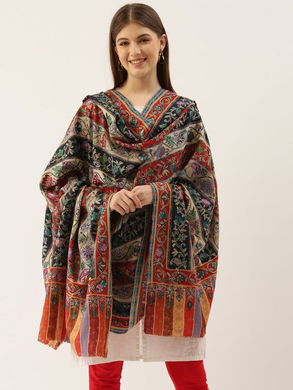 Women Multi Dark Pure Wool Kalamkari Shawl, Woolmark Certified (40X80 Inches)